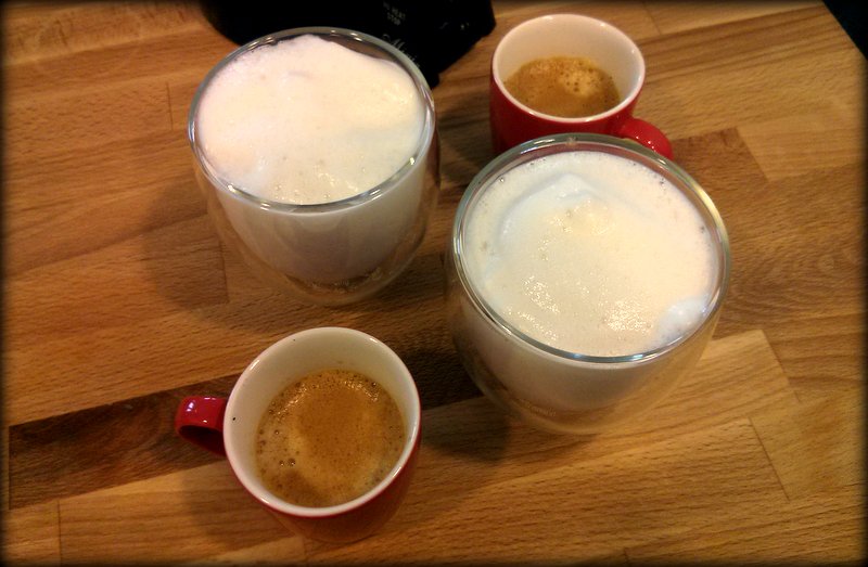 Almond Milk foam/froth next to shots of espresso