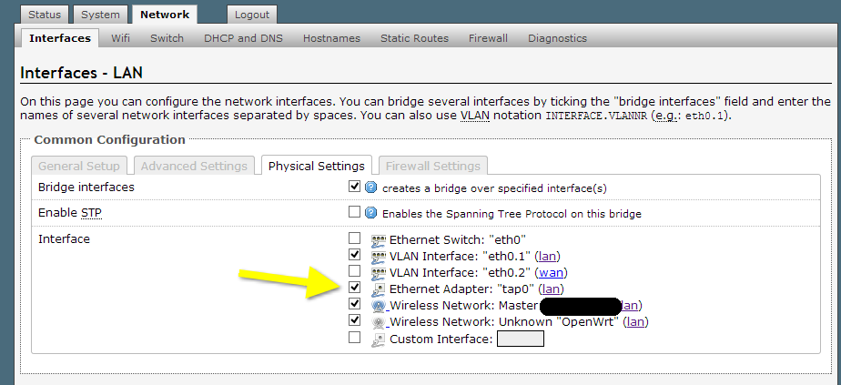 WRT --> Network --> Interfaces --> Edit LAN --> Physical Settings